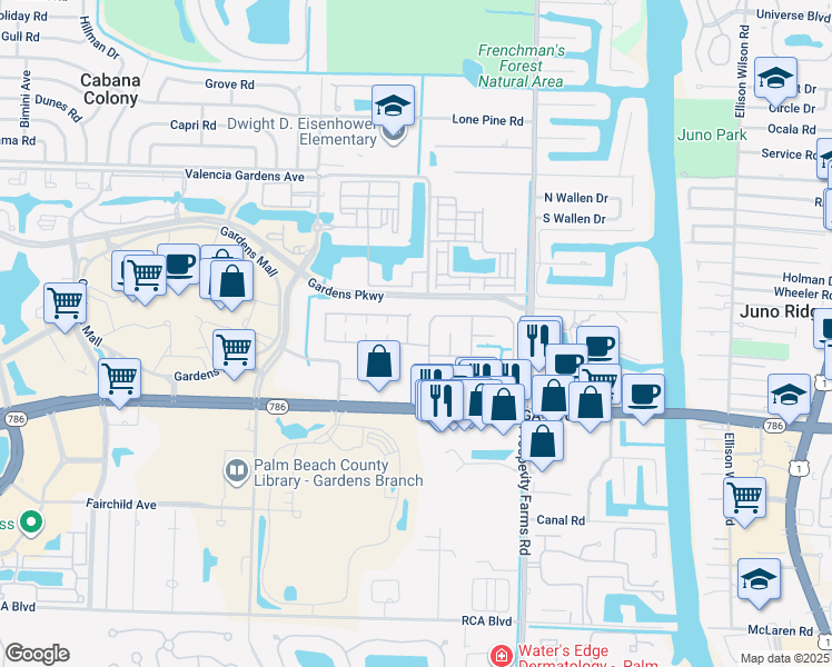 map of restaurants, bars, coffee shops, grocery stores, and more near 2555 PGA Boulevard in Palm Beach Gardens