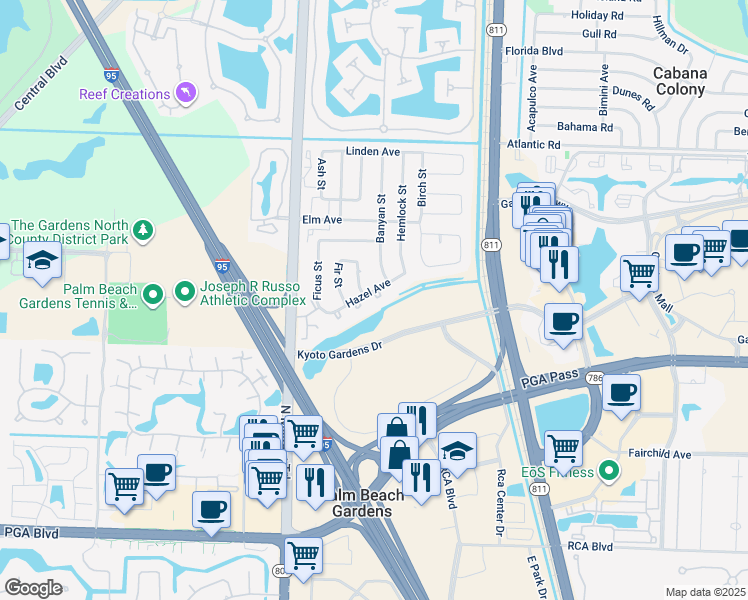 map of restaurants, bars, coffee shops, grocery stores, and more near 4328 Hazel Avenue in Palm Beach Gardens
