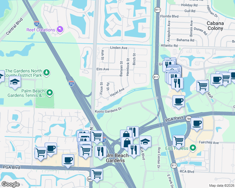 map of restaurants, bars, coffee shops, grocery stores, and more near 4300 Hazel Avenue in Palm Beach Gardens