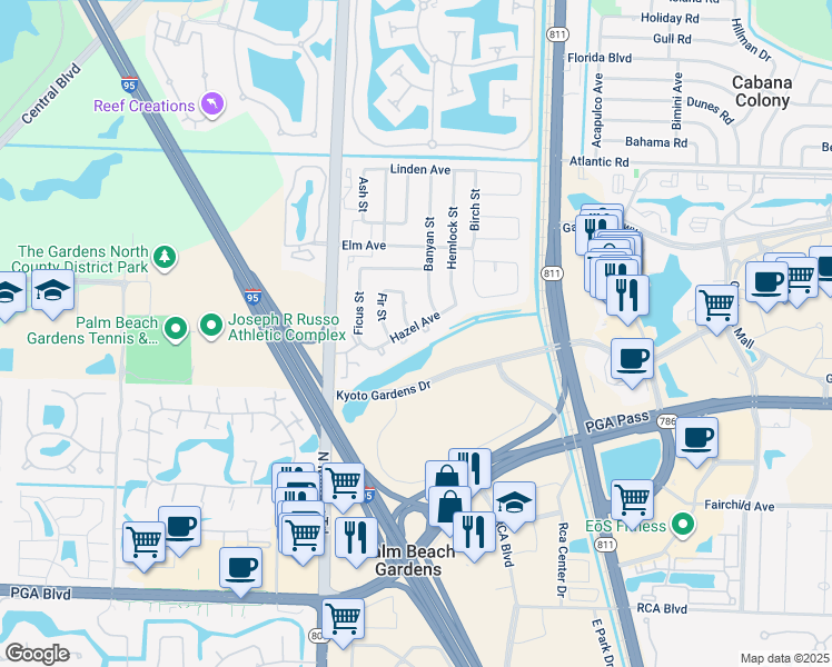 map of restaurants, bars, coffee shops, grocery stores, and more near 4328 Hazel Avenue in Palm Beach Gardens