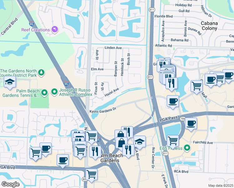 map of restaurants, bars, coffee shops, grocery stores, and more near 4328 Hazel Avenue in Palm Beach Gardens