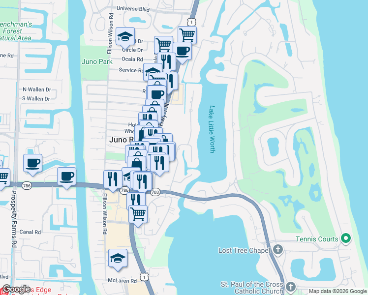 map of restaurants, bars, coffee shops, grocery stores, and more near 11680 Landing Place in North Palm Beach