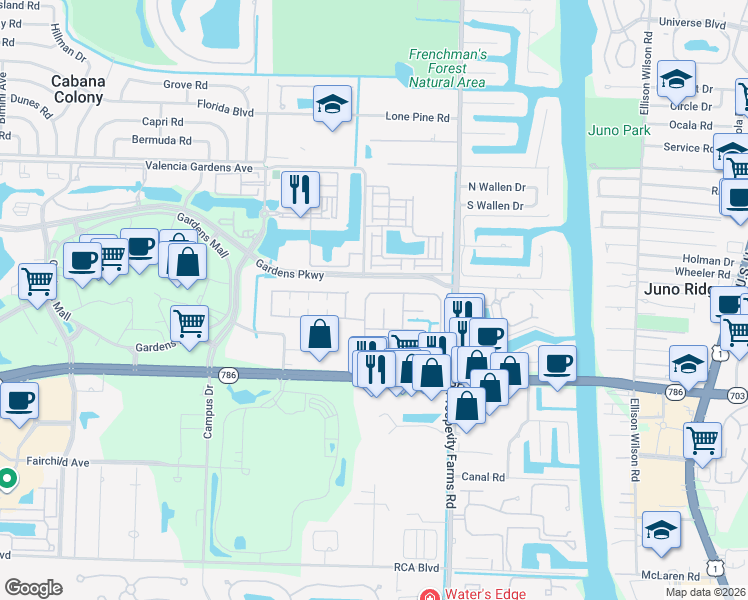 map of restaurants, bars, coffee shops, grocery stores, and more near 2555 PGA Boulevard in Palm Beach Gardens