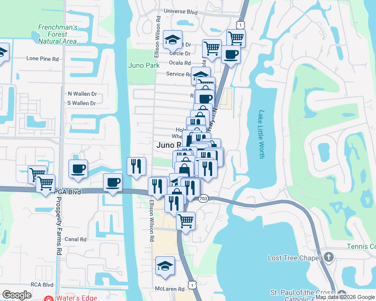 map of restaurants, bars, coffee shops, grocery stores, and more near 11701 U.S. 1 in North Palm Beach