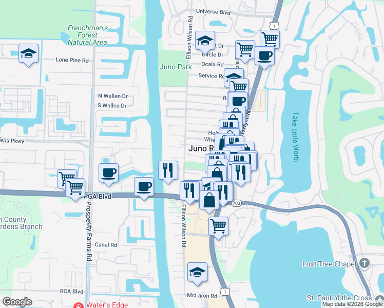 map of restaurants, bars, coffee shops, grocery stores, and more near 11658 Ellison Wilson Road in North Palm Beach