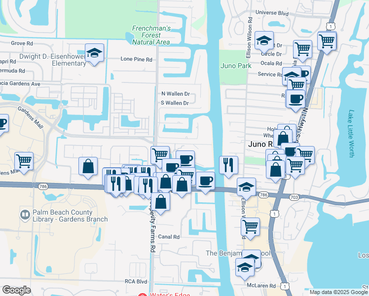 map of restaurants, bars, coffee shops, grocery stores, and more near 66 Marina Gardens Drive in Palm Beach Gardens