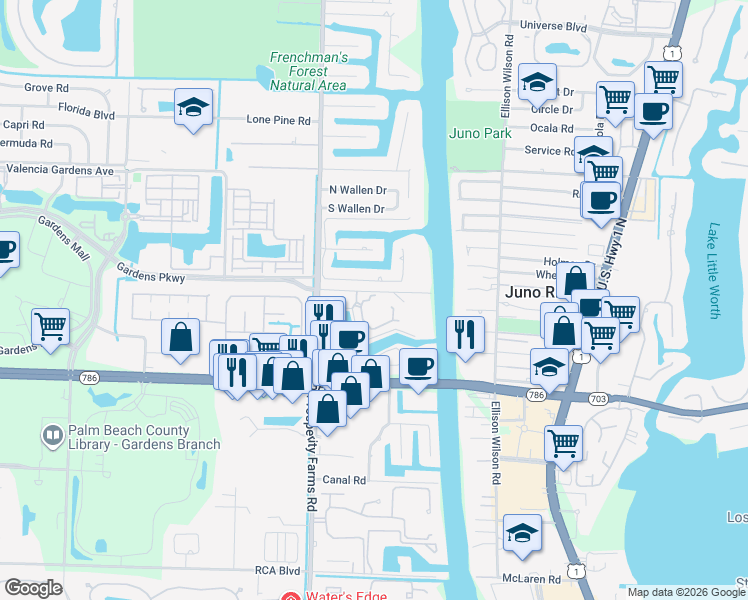 map of restaurants, bars, coffee shops, grocery stores, and more near 2408 Bay Village Court in West Palm Beach