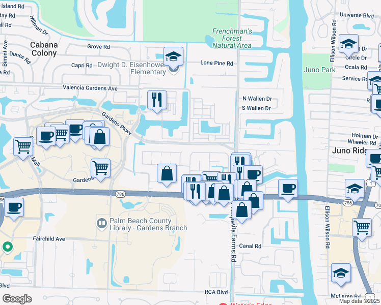 map of restaurants, bars, coffee shops, grocery stores, and more near 52 Meadow Lane West in Palm Beach Gardens