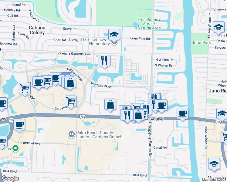 map of restaurants, bars, coffee shops, grocery stores, and more near 319 Meadows Circle North in Palm Beach Gardens