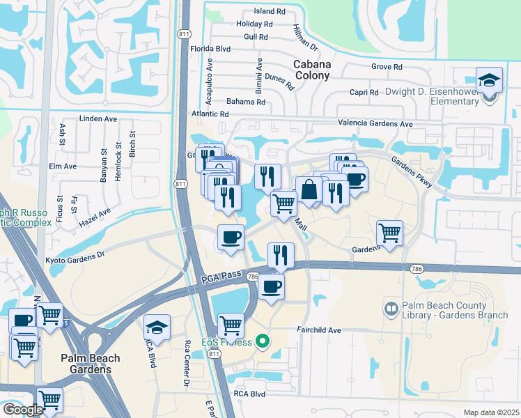 map of restaurants, bars, coffee shops, grocery stores, and more near 3507 Kyoto Gardens Drive in Palm Beach Gardens