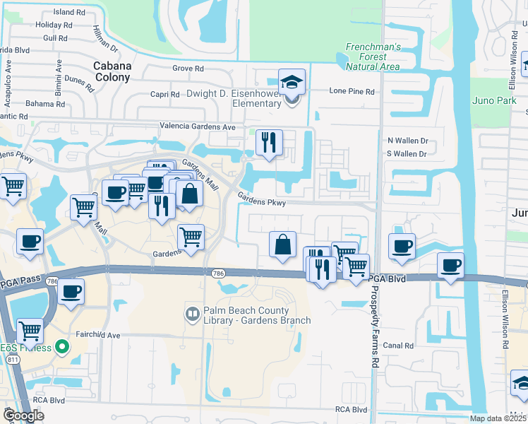 map of restaurants, bars, coffee shops, grocery stores, and more near 331 Meadows Circle North in Palm Beach Gardens