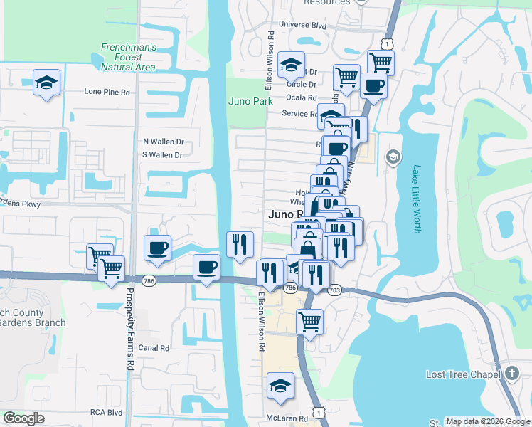 map of restaurants, bars, coffee shops, grocery stores, and more near 11820 Ellison Wilson Road in North Palm Beach