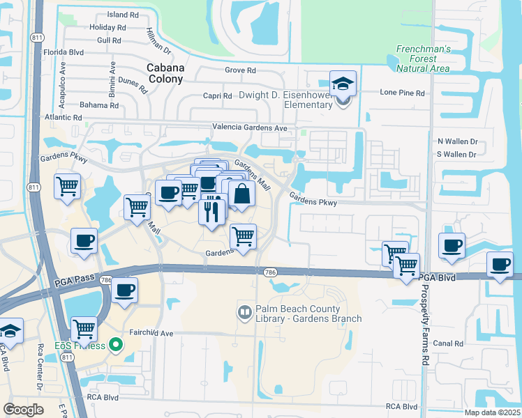map of restaurants, bars, coffee shops, grocery stores, and more near in Palm Beach Gardens