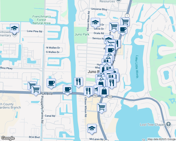 map of restaurants, bars, coffee shops, grocery stores, and more near 11820 Ellison Wilson Road in North Palm Beach