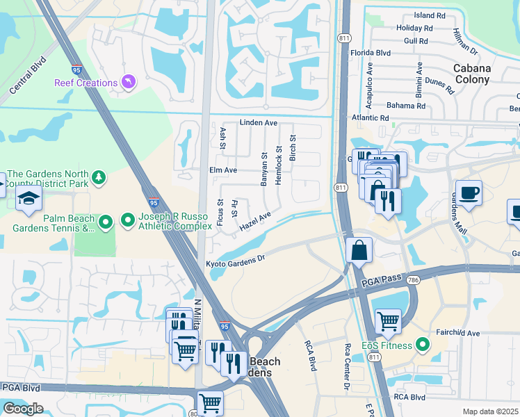 map of restaurants, bars, coffee shops, grocery stores, and more near 11663 Banyan Street in Palm Beach Gardens