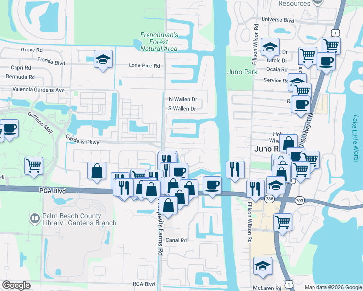 map of restaurants, bars, coffee shops, grocery stores, and more near 2408 Bay Village Court in West Palm Beach