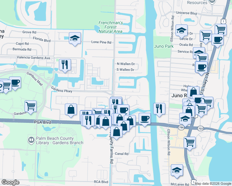 map of restaurants, bars, coffee shops, grocery stores, and more near 2469 Idlewild Road in Palm Beach Gardens