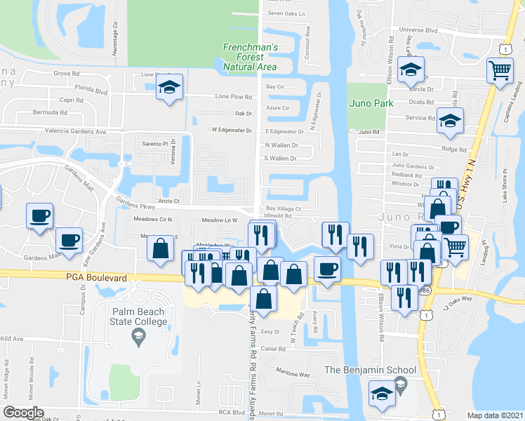 map of restaurants, bars, coffee shops, grocery stores, and more near 2469 Idlewild Road in Palm Beach Gardens