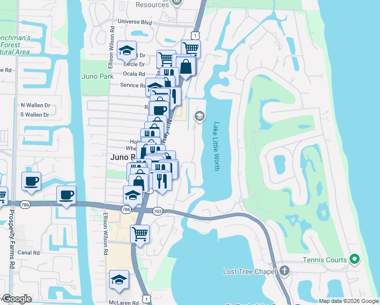 map of restaurants, bars, coffee shops, grocery stores, and more near 11786 Lake Shore Place in North Palm Beach