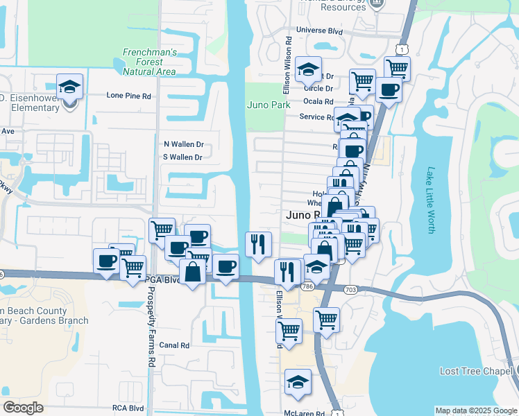 map of restaurants, bars, coffee shops, grocery stores, and more near 2081 Joy-Rene Lane in North Palm Beach