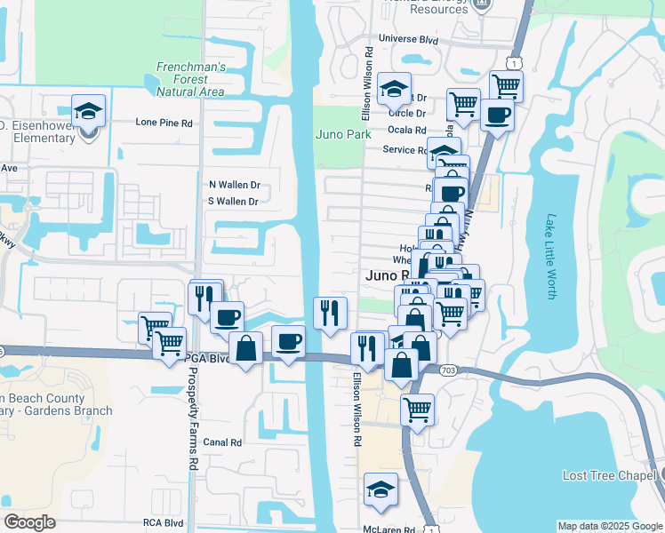 map of restaurants, bars, coffee shops, grocery stores, and more near 2081 Joy-Rene Lane in North Palm Beach