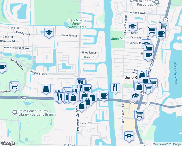 map of restaurants, bars, coffee shops, grocery stores, and more near 2408 Bay Village Court in West Palm Beach