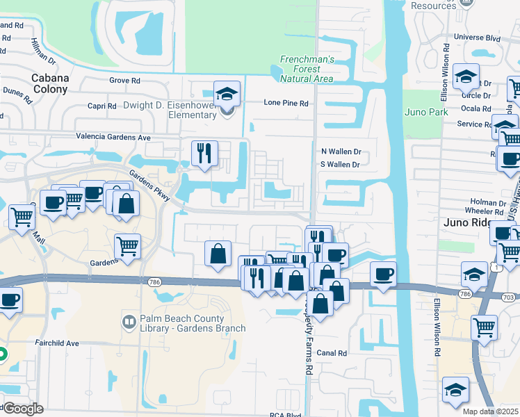 map of restaurants, bars, coffee shops, grocery stores, and more near 52 Meadow Lane West in Palm Beach Gardens