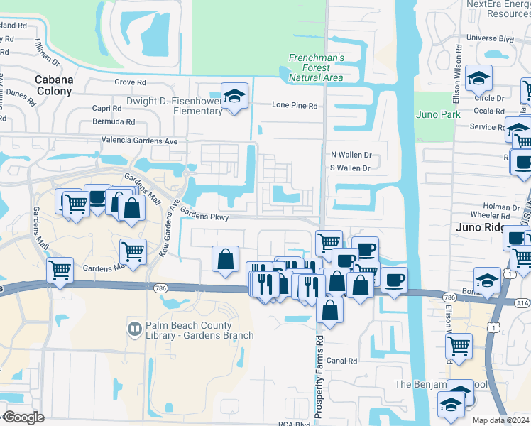 map of restaurants, bars, coffee shops, grocery stores, and more near 52 Meadow Lane West in Palm Beach Gardens