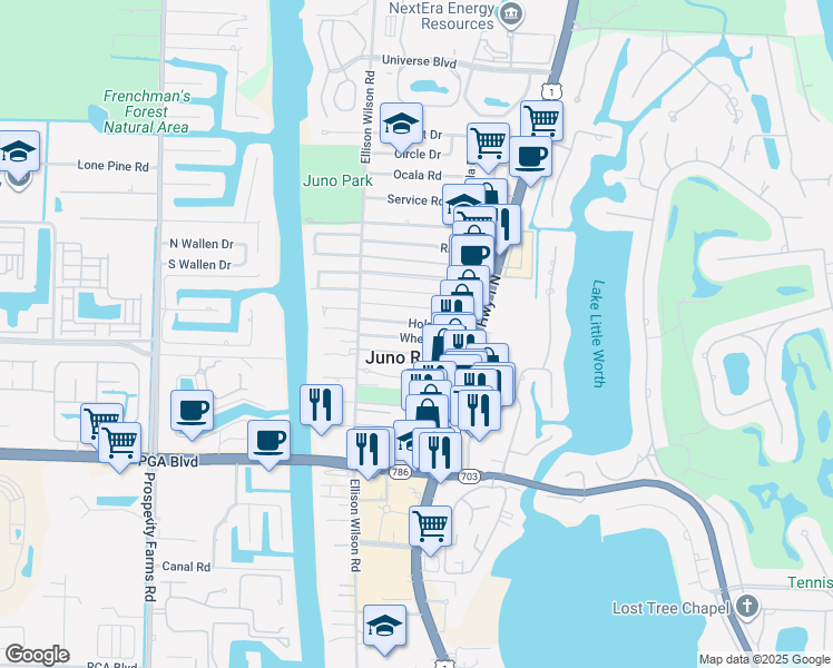 map of restaurants, bars, coffee shops, grocery stores, and more near 1831 Wheeler Road in North Palm Beach