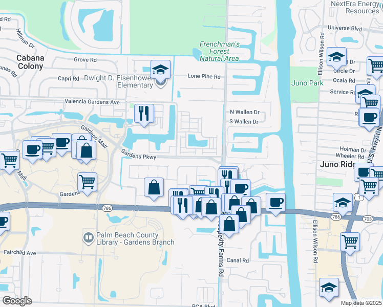 map of restaurants, bars, coffee shops, grocery stores, and more near 2542 Gardens Parkway in Palm Beach Gardens