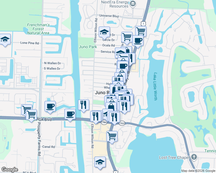 map of restaurants, bars, coffee shops, grocery stores, and more near 1831 Wheeler Road in North Palm Beach