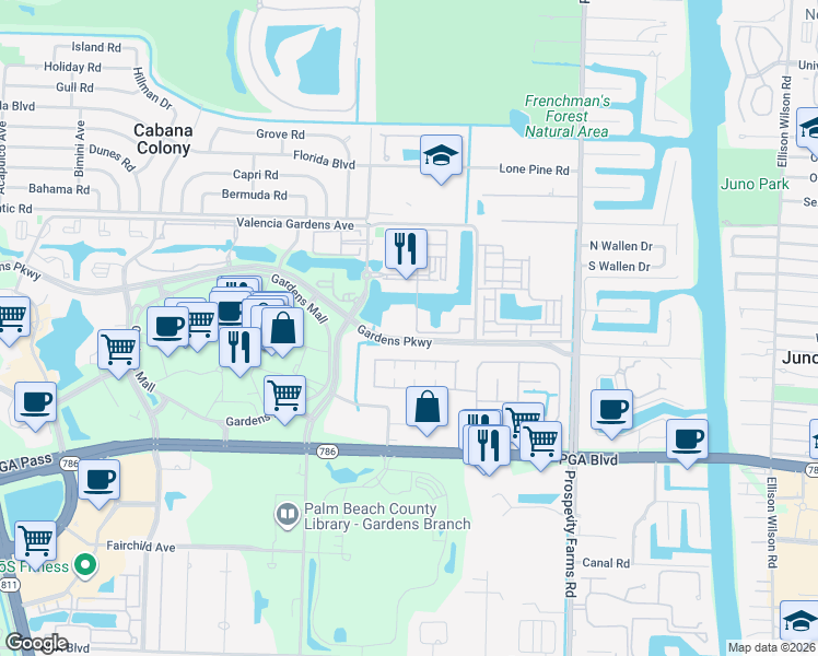 map of restaurants, bars, coffee shops, grocery stores, and more near 331 Meadows Circle North in Palm Beach Gardens