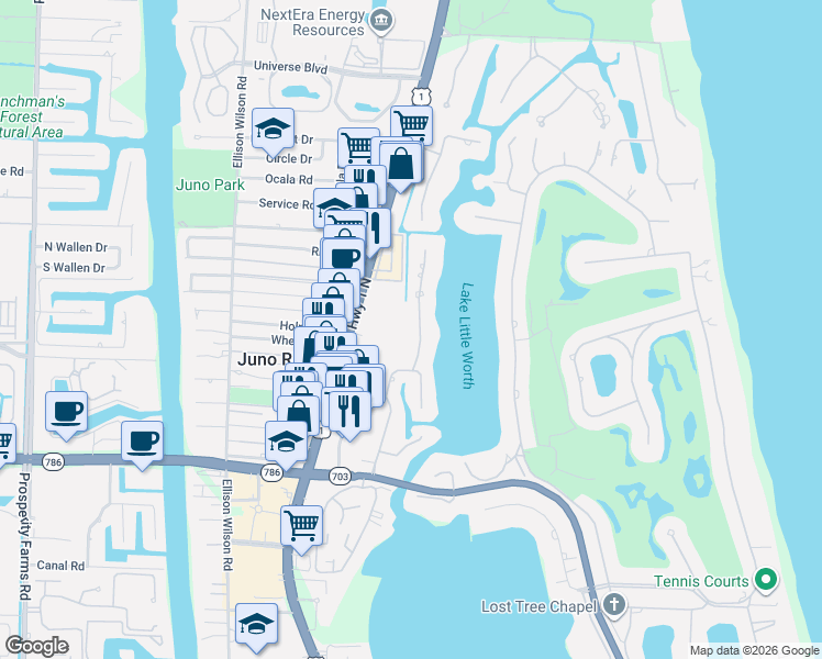 map of restaurants, bars, coffee shops, grocery stores, and more near 11786 Lake Shore Place in North Palm Beach