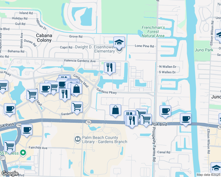 map of restaurants, bars, coffee shops, grocery stores, and more near 331 Meadows Circle North in Palm Beach Gardens
