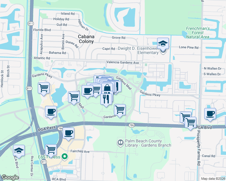 map of restaurants, bars, coffee shops, grocery stores, and more near Gardens Mall in Palm Beach Gardens