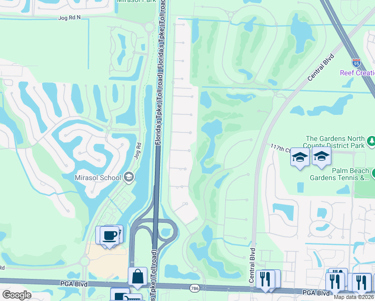 map of restaurants, bars, coffee shops, grocery stores, and more near Bella Donna Court in Palm Beach Gardens