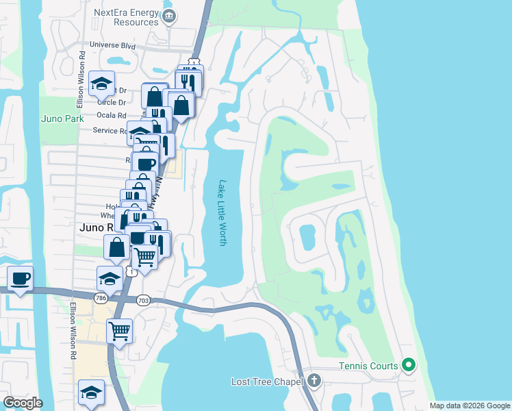 map of restaurants, bars, coffee shops, grocery stores, and more near 11818 Lost Tree Way in North Palm Beach
