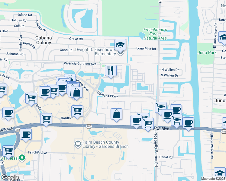 map of restaurants, bars, coffee shops, grocery stores, and more near 2725 Anzio Court in Palm Beach Gardens