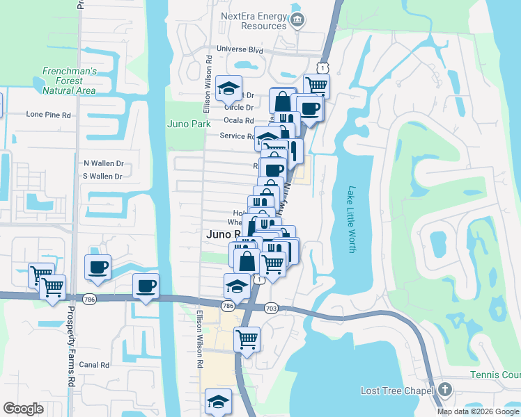 map of restaurants, bars, coffee shops, grocery stores, and more near 1773 Windsor Drive in North Palm Beach