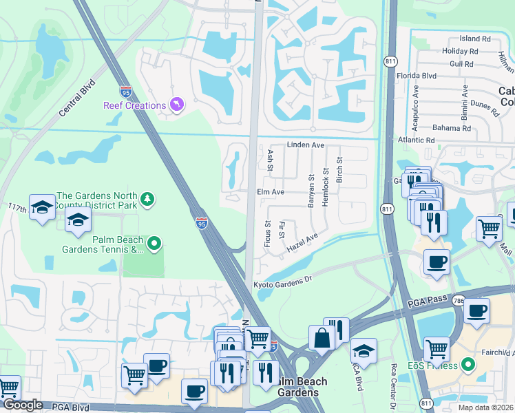 map of restaurants, bars, coffee shops, grocery stores, and more near 113 Beaumont Lane in Palm Beach Gardens