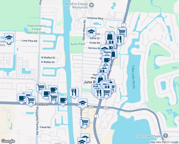 map of restaurants, bars, coffee shops, grocery stores, and more near 1934 Windsor Drive in North Palm Beach