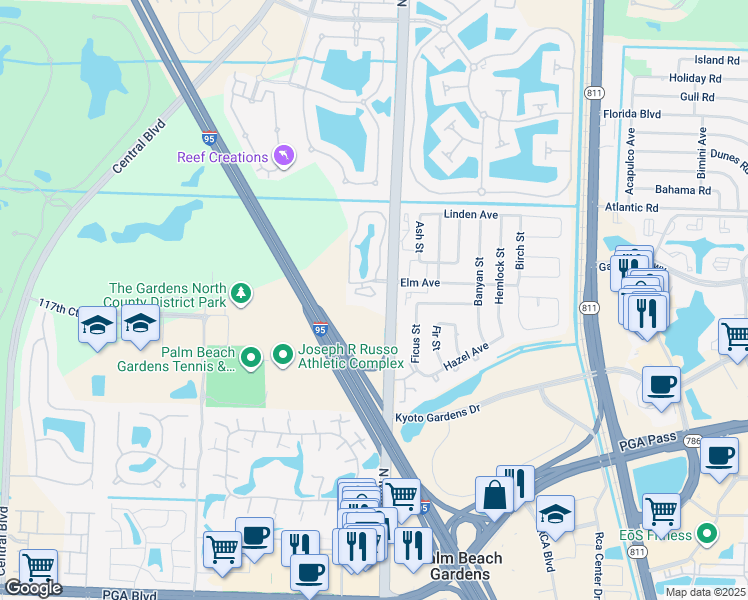 map of restaurants, bars, coffee shops, grocery stores, and more near 21018 Sabal Ridge Court in Palm Beach Gardens