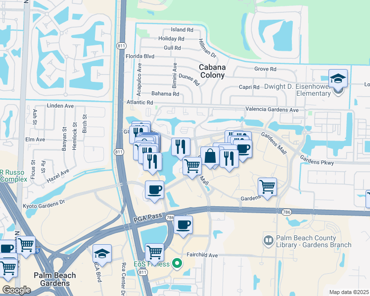 map of restaurants, bars, coffee shops, grocery stores, and more near 3630 Gardens Parkway in Palm Beach Gardens