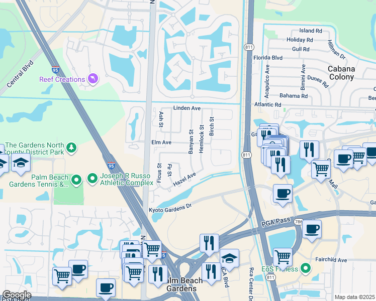 map of restaurants, bars, coffee shops, grocery stores, and more near 4301 Hawthorn Avenue in Palm Beach Gardens