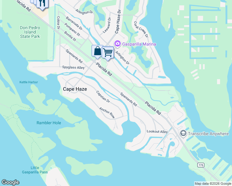 map of restaurants, bars, coffee shops, grocery stores, and more near 325 Spaniards Road in Placida