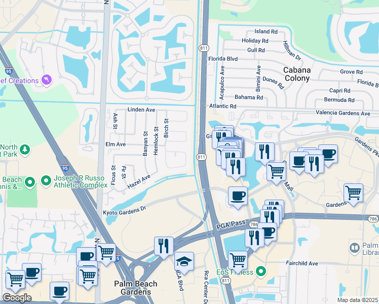 map of restaurants, bars, coffee shops, grocery stores, and more near 11752 Cottonwood Avenue in Palm Beach Gardens
