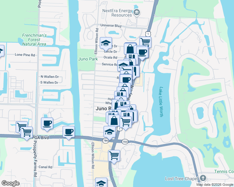 map of restaurants, bars, coffee shops, grocery stores, and more near 1773 Windsor Drive in North Palm Beach
