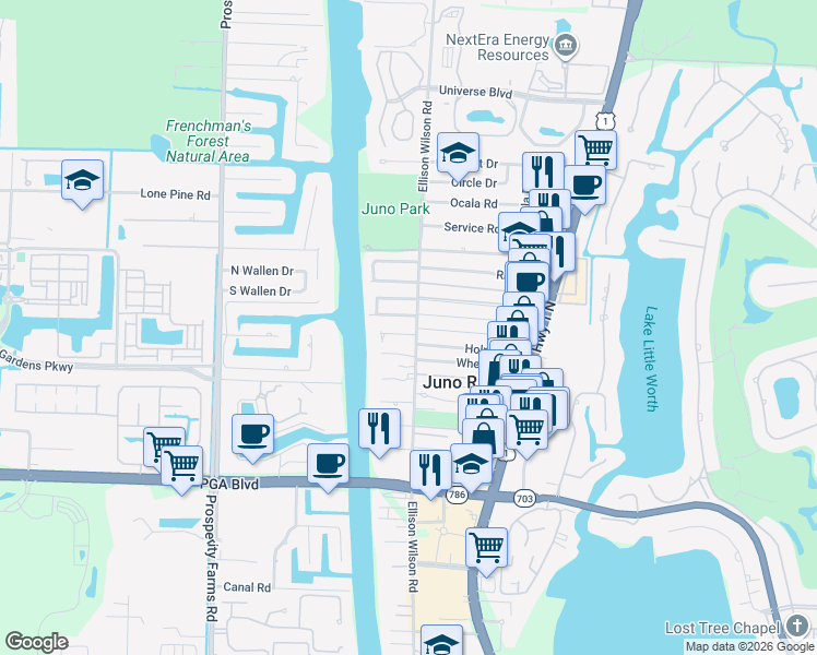 map of restaurants, bars, coffee shops, grocery stores, and more near 2007 Cove Lane in North Palm Beach