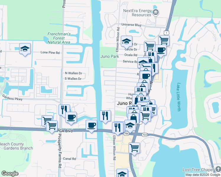 map of restaurants, bars, coffee shops, grocery stores, and more near 2047 Cove Lane in North Palm Beach