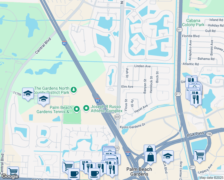 map of restaurants, bars, coffee shops, grocery stores, and more near 21018 Sabal Ridge Court in Palm Beach Gardens